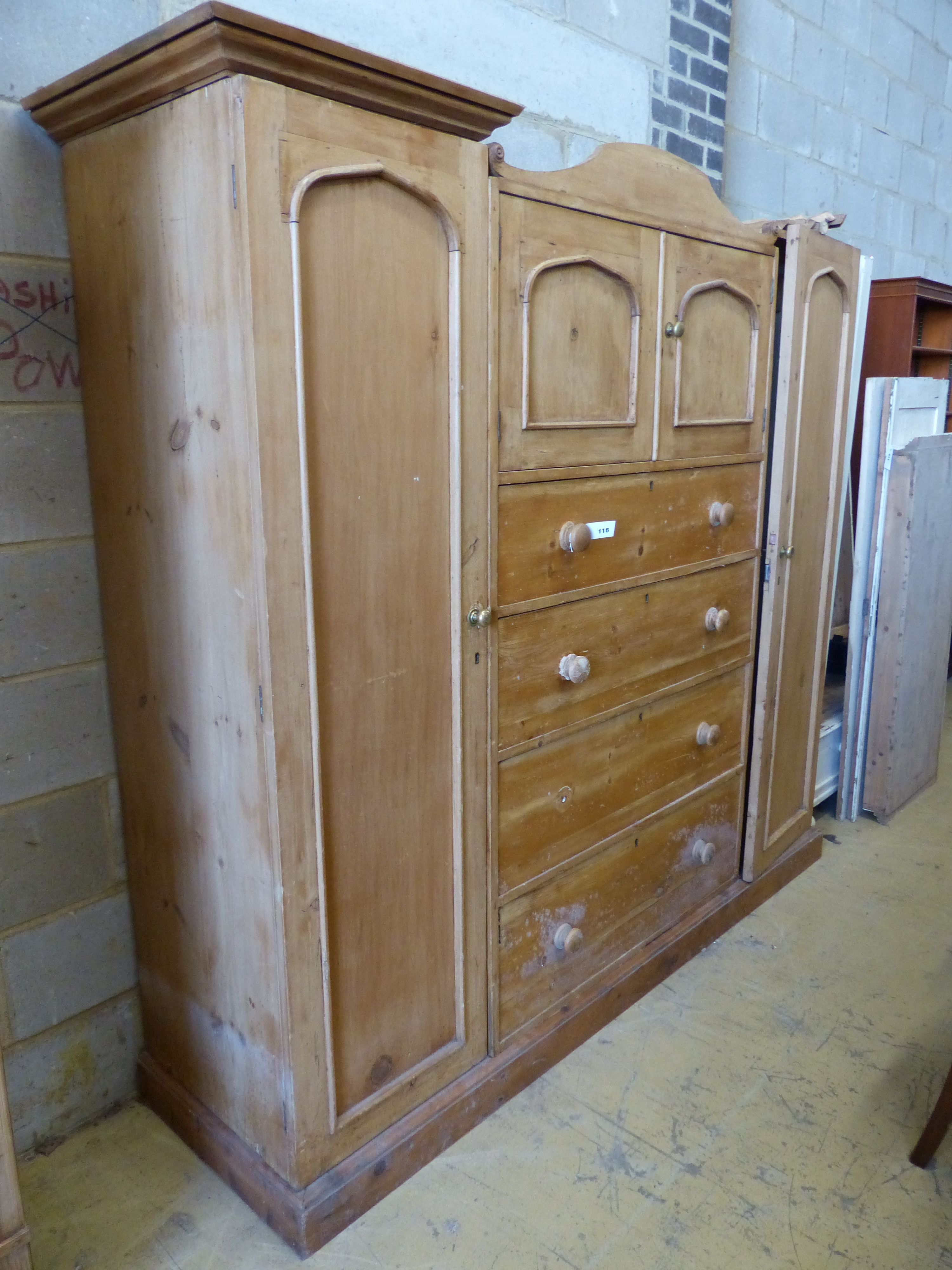 A Victorian pine compactum wardrobe, length 204cm, depth 55cm, height 184cm